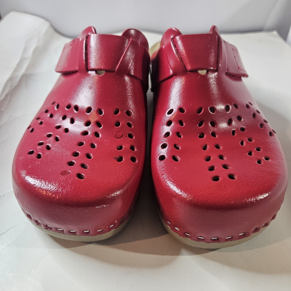 Women’s Red Perforated Leather Clogs